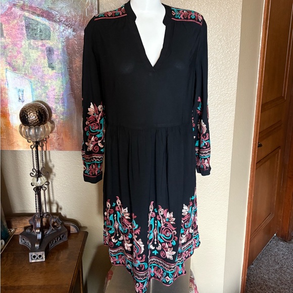Anthropologie Black Asymmetrical Dress with Pink and Teal Embroidery - Picture 1 of 10